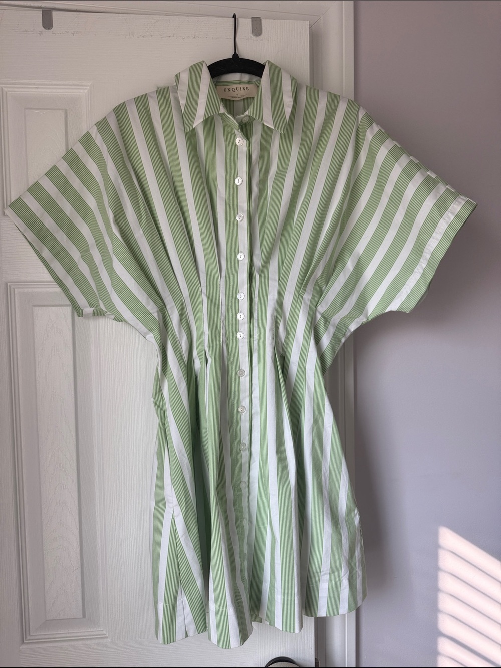 Green & White Striped Mini Shirt Dress